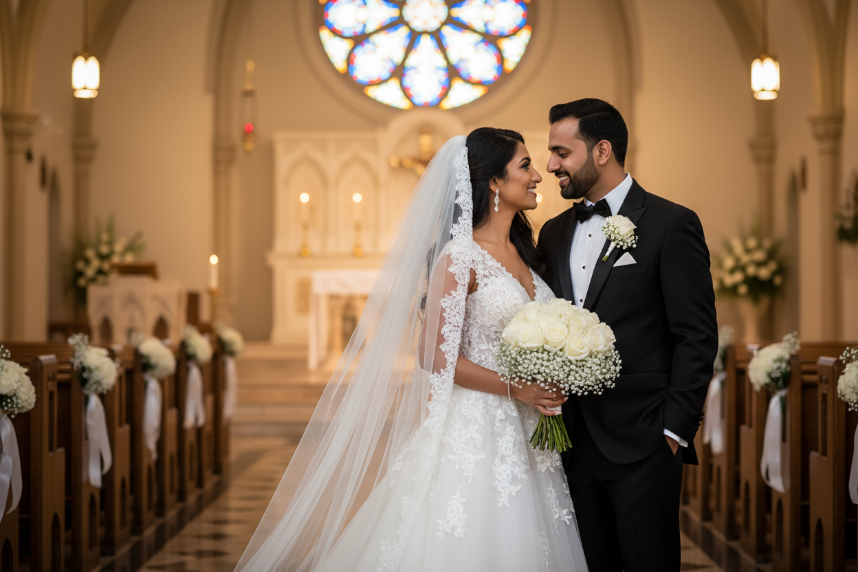 make a wedding portrait. church wedding. indian skin tone 